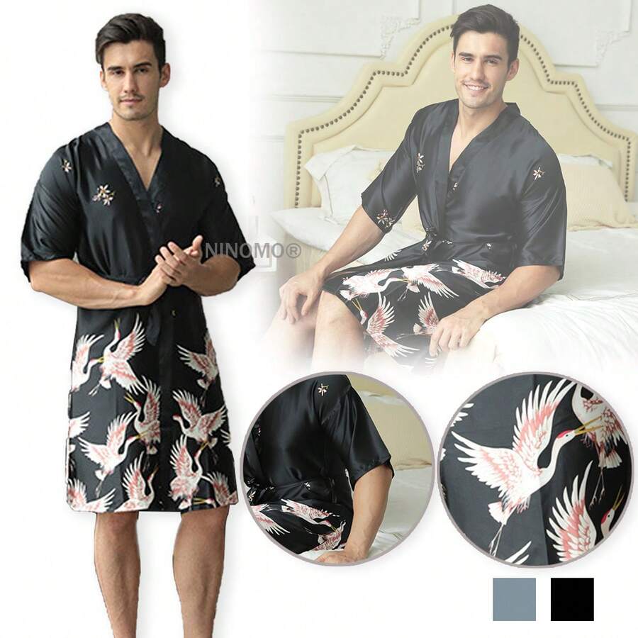 Pijamas De Hombre Batas Seda Pijama Estampado Satén Hombre Ajuste Cómodo - Negro - Ver 1