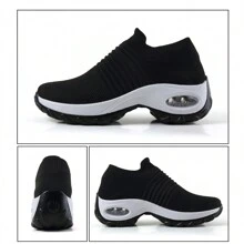 1雙女款易穿脫走路鞋,配有襪子和氣墊,透氣防水平台船鞋,適用於休閒和護士行業 - 黑與白 - 查看 3