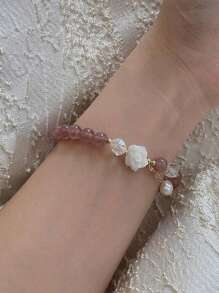 1個兒童彈性可愛粉色草莓水晶&山茶花&珍珠手鍊,ins風格獨特設計的水晶手飾,適合女孩和好朋友 - 藕粉色 - 查看 7