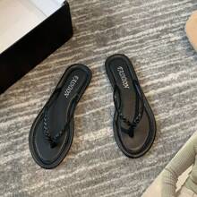 女士休閒編織圖案低跟露趾一腳蹬涼鞋 - 黑色 - 查看 1