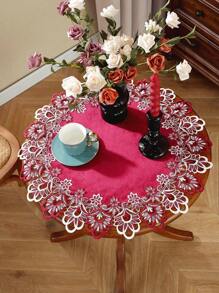 1pc Round Placemat With Velvet And Water Soluble Lace Edges, Heat Insulation And Anti-Dirt Table Mat For Home And Festival Decorations Including Wedding Table Mat - Burgundy - View 1