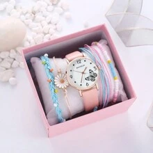 5 件套可爱马卡龙色小表盘简约手表 + 独角兽手链套装，适合生日、万圣节、礼物（无盒） - 粉色 - 查看 1