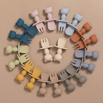 2 pcs Baby Training Fork Spoon Set Panda Bear Design  Infant Soft Silicone  Learning Tableware For Newborn Feeding Kids Accessories