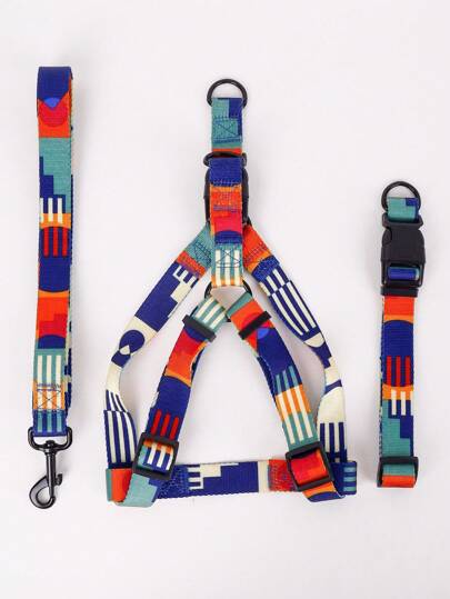 Supet 1 Conjunto Arnes De Pecho Para Perros Con Correa De Espalda Y Collar De Colores Geométricos Para Exteriores Antiescape, Incluye Conjunto De Tres Piezas De Collar