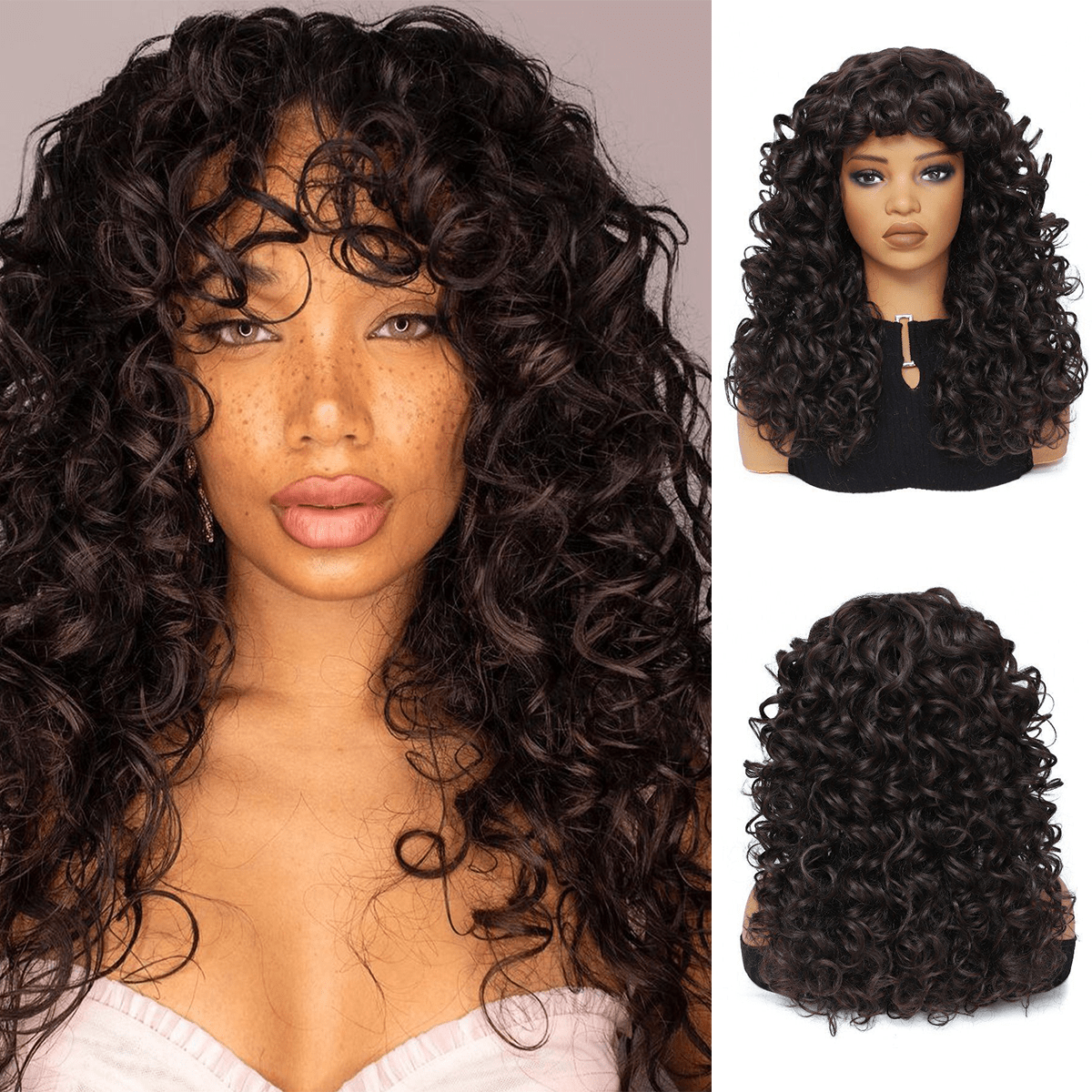 Synthetic Heat Resistant Wigs Bouncy Curls Wigs with Bangs Chocolate
