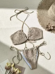 Textured Mesh Fabric Wrapped Bikini Set Summer