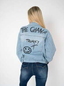 Chamarra Mezclilla Mujer Estampada Casual Streetwear Oversize - Azul - Ver 4