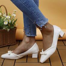 Women's High Heel Solid Color Pumps, Embellished With White Pearls, Showing Elegance And Luxury - White - View 4