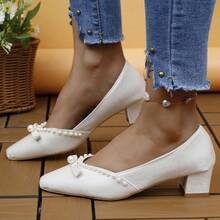 Women's High Heel Solid Color Pumps, Embellished With White Pearls, Showing Elegance And Luxury - White - View 3