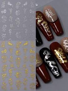 2 件裝金銀龍指甲貼 3d 金屬鏡面漢字字母龍設計指甲貼花膠 Diy 新年指甲裝飾 - 彩色 - 查看 1