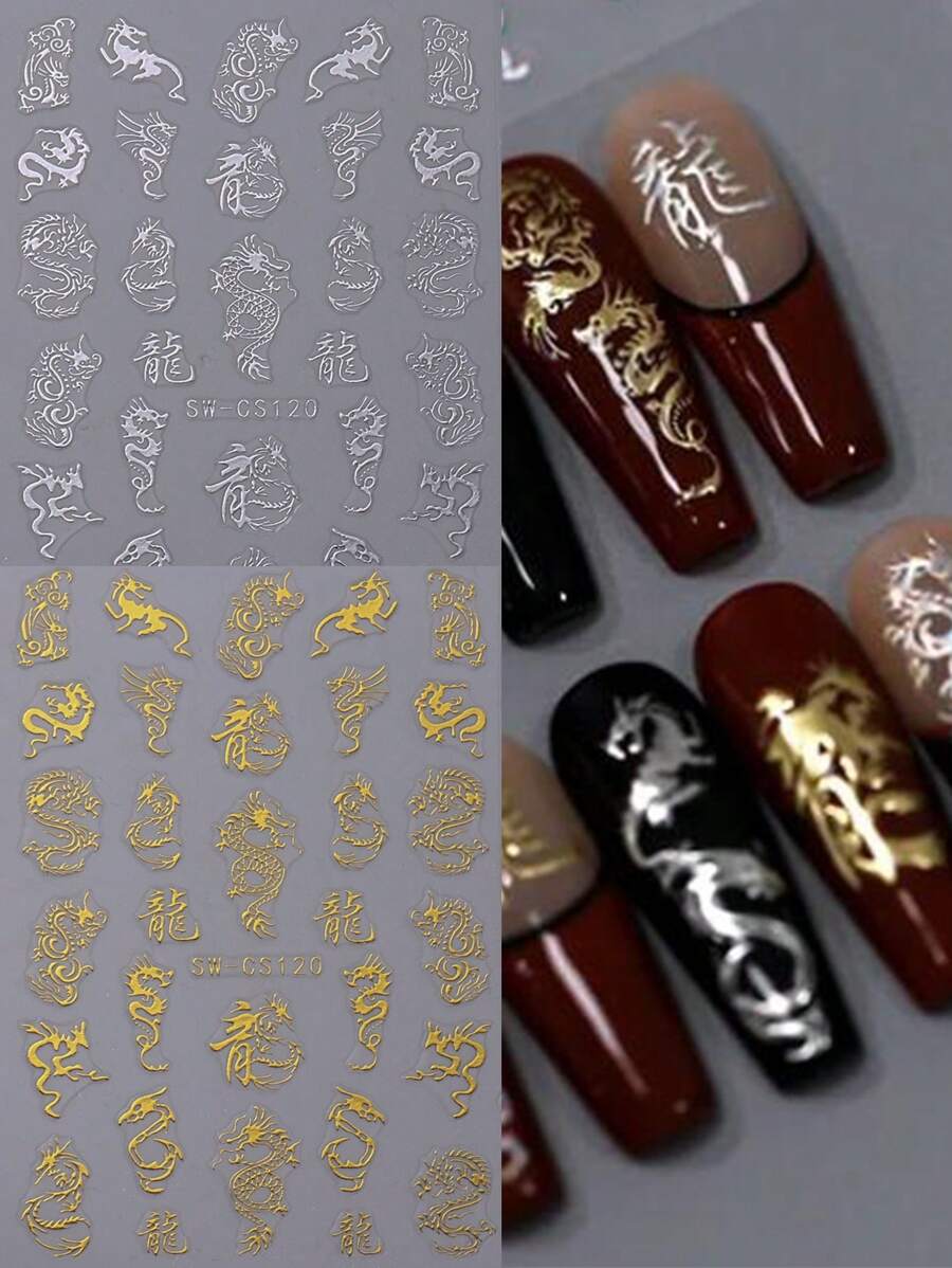 2 件裝金銀龍指甲貼 3d 金屬鏡面漢字字母龍設計指甲貼花膠 Diy 新年指甲裝飾 - 彩色 - 查看 1