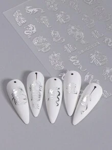 2 件裝金銀龍指甲貼 3d 金屬鏡面漢字字母龍設計指甲貼花膠 Diy 新年指甲裝飾 - 彩色 - 查看 6