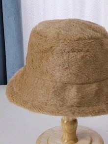 1入組兒童毛絨扁桶帽，扁桶帽，純色，防曬，保暖