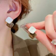 1 對 925 銀幾何設計油滴和彩色鑽石裝飾法式優雅耳環,時尚女士日常配飾,完美的節日禮物 - 咖啡 - 查看 1