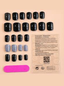 24入短方形簡約設計純黑色閃粉假指甲,易貼上,適合女性和女孩 - 黑色 - 查看 3