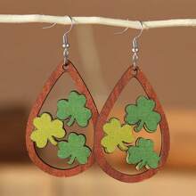 1對聖派翠克節木製雕刻雙面吊墜耳環 - 三葉草 - 查看 1