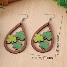 1對聖派翠克節木製雕刻雙面吊墜耳環 - 三葉草 - 查看 3