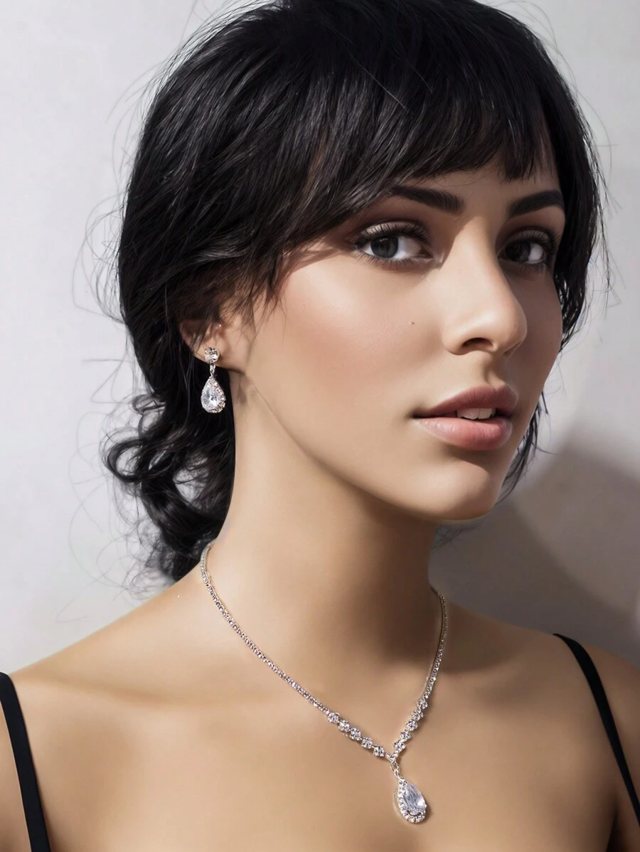 4pcs/set Luxury Rhinestone Water-drop Decor Jewelry Set For Women For Wedding Party - Silver - View 1