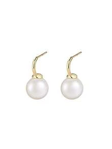 1pair Fashionable S925 Sterling Silver Pearl Stud Earrings, Suitable For Women's Daily Wear, Wedding, Party, Personal Use - Yellow Gold - View 3