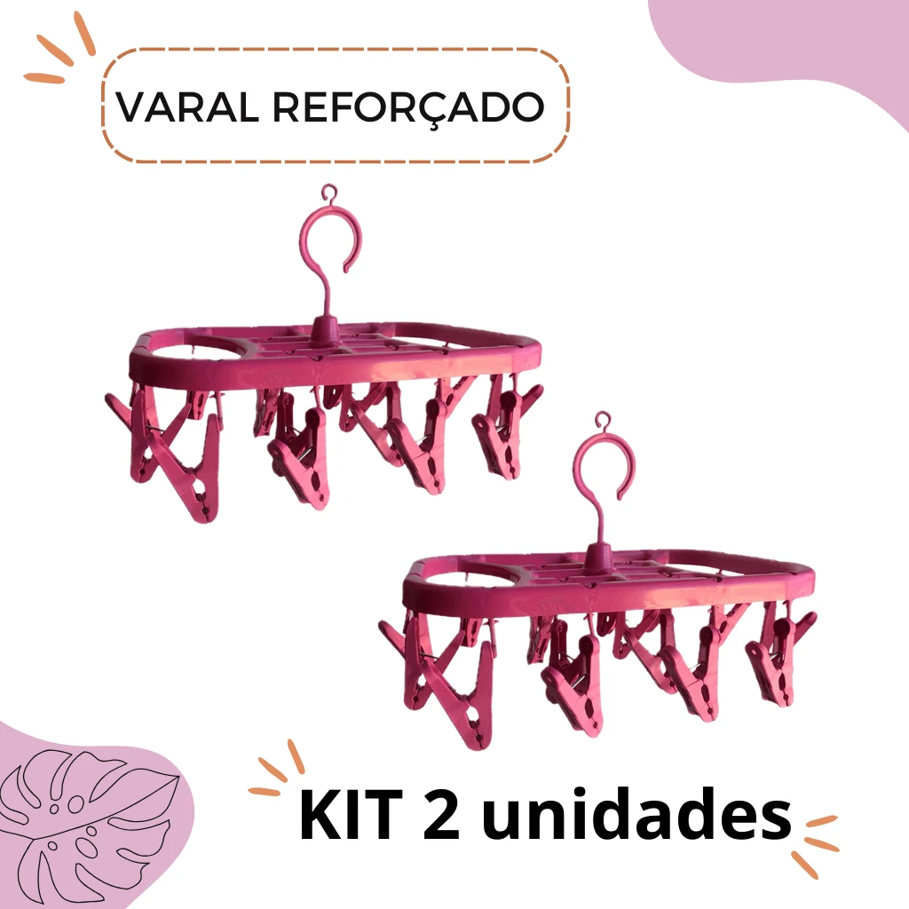 KIT 2 - Varais de calcinha Reforçado, varal roupa intima, organizador 16 prendedores (CADA) Qualidade e Durabilidade - Rosa - Visão 1