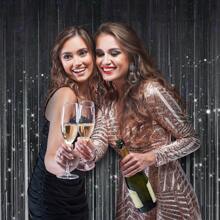A Set Of 3PCS Multiple Colorful Gold Tassel Drape Backdrop Curtain Set 1*2m, Glitter Gold Foil Drape Laser Gold Tassel Backdrop Curtain, Gold Trimmed Background Curtain For Party Decoration Graduation Theme Halloween Christmas Party(3pcs) - Black - View 7