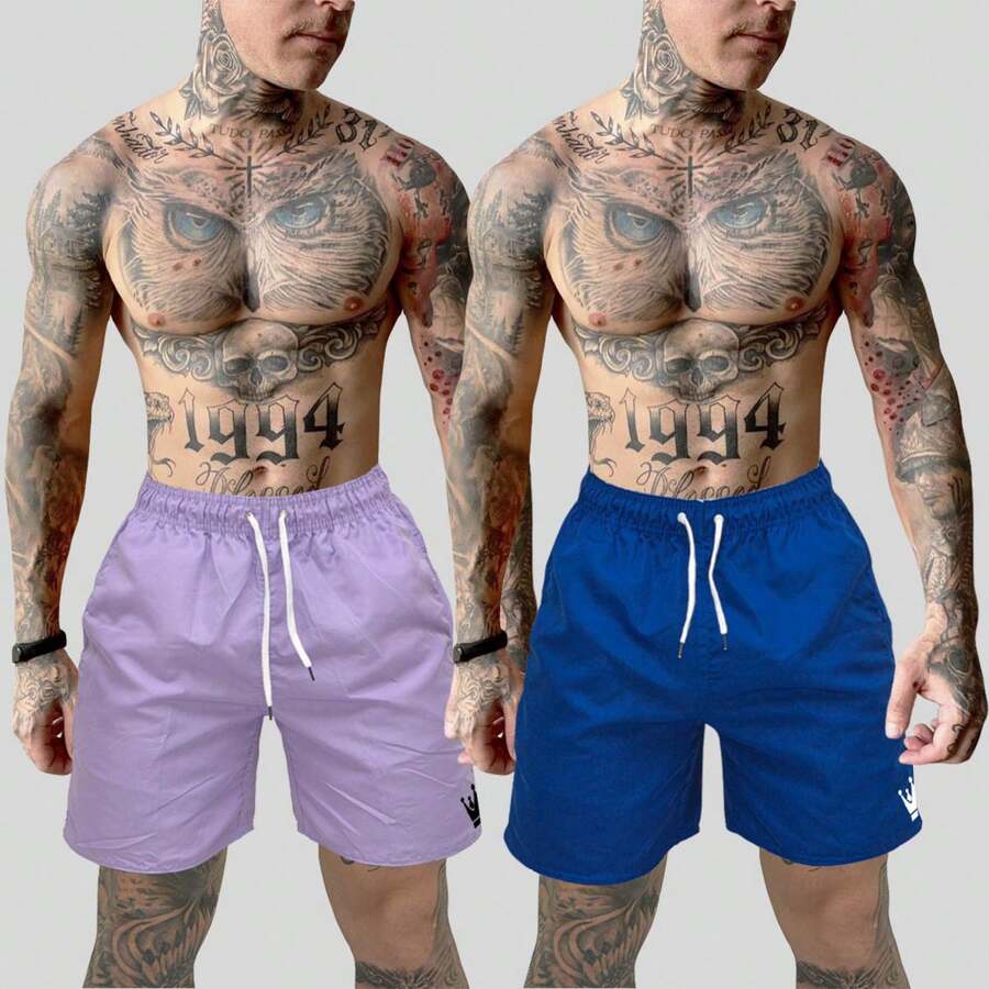 MP MODA MASCULINA Kit 2 Shorts Praia Masculino Bermuda Mauricinho Tactel Lilás e Azul Bic - Multicolorido - Visão 1