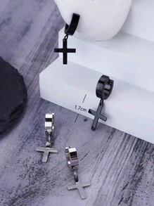 1 Pair/Set Punk Men Earrings Cross Ear Hoops Stainless Steel Wood Barbell  Earrings Skull Ear Studs Fake Taper Earrings for Men Women Ear Jewelry Daily Wear Best Friend Cousin Christmas Gift - Multicolor - View 4