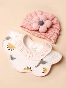 1pc Baby Bib With Printed Pattern Suitable For 0-3 Years Old + 1pc Knitted Decorative Baby Hat - Multicolor - View 2