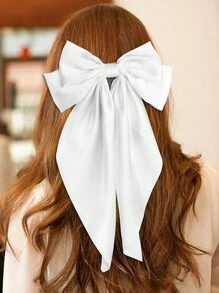 女士白色蝴蝶结，优雅长蝴蝶结，大号发夹，配有柔软的法式丝带和金属夹，适合婚礼、朋友聚会、生日和礼物 - 白色 - 查看 3