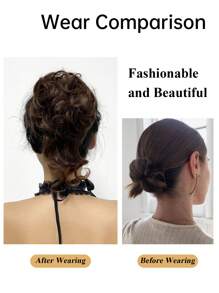 棕色假髮髮環,合成髮料髮髻,長款蓬亂捲曲髮髻頭,搭配彈性帶的捲髮髮髻圈及馬尾髮型髮片、髮垫套頭 - 巧克力棕 - 查看 8