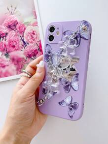 1 Pieza Funda De Teléfono Antideslizante Con Estampado De Mariposas En Tpu Morado Y 1 Pieza Cadena De Mano Transparente En Forma De Mariposa Para Teléfonos Móviles Apple, Samsung, Xiaomi, Redmi, Oppo - Multicolor - Ver 4