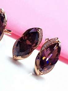 1pc Smoky Crystal Rhombus Shaped Gemstone Earring Suitable For Women's Daily Wear - Rose Gold - View 2