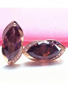 1pc Smoky Crystal Rhombus Shaped Gemstone Earring Suitable For Women's Daily Wear - Rose Gold - View 3