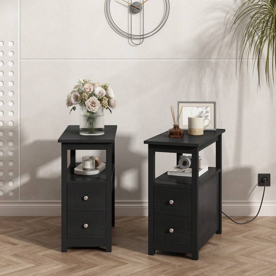 Narrow Sofa Side Console End Table Cabinet Nightstand With 2 Drawers And USB Power Socket