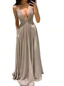 Vestido De Cuello Profundo De Espalda Abierta Con Tira Cruzada Dobladillo Plisado - Albaricoque - Ver 5