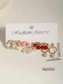 5對/組簡約時尚閃亮鑲嵌心形櫻花花設計甜美少女吊墜耳環和耳釘 - 彩色 - 查看 6