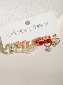 5對/組簡約時尚閃亮鑲嵌心形櫻花花設計甜美少女吊墜耳環和耳釘 - 彩色 - 查看 1