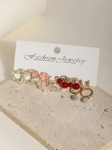 5對/組簡約時尚閃亮鑲嵌心形櫻花花設計甜美少女吊墜耳環和耳釘 - 彩色 - 查看 3