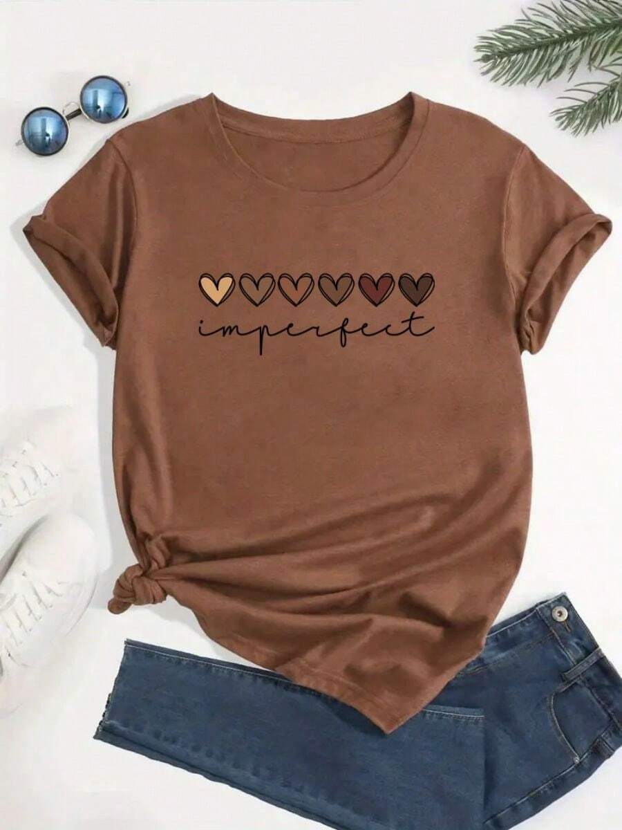 Camisa con estampado de letras para mujer Camiseta casual suelta con estampado gráfico - Marrón - Ver 1