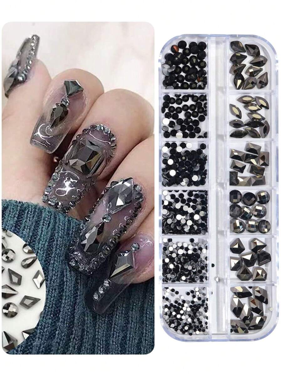 12 Lưới/Hộp Đá Pha Lê Tròn Đen Dẹt Và Không Đối Xứng, Trang Trí Nghệ Thuật Làm Móng Cho Phụ Nữ Và Bé Gái Thiết Kế Móng Tay Tự Làm Hàng Ngày, Mặt Dây Chuyền Làm Móng, Đá Quý Làm Móng, Vật Dụng Làm Móng