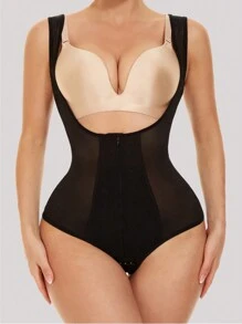 1件女式平口塑身衣,具有胸部支撐設計,陰部扣環、拉鍊和可調式尼龍,適用於日常使用 - 黑色 - 查看 3