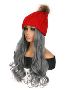 18英寸合成纖維帽式女假髮,附可拆式紅色針織帽,適合日常佩戴,啞光高溫纖維,高清假髮帽,自然螺旋卷髮款式 - 灰色 - 查看 4