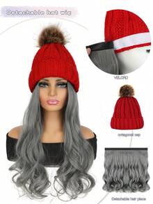 18英寸合成纖維帽式女假髮,附可拆式紅色針織帽,適合日常佩戴,啞光高溫纖維,高清假髮帽,自然螺旋卷髮款式 - 灰色 - 查看 1