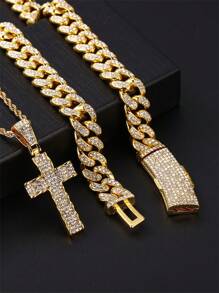 Golden Water Ripple Style Cross Pendant Necklace, Simple Design Accessory, Unisex Gift For Festival, Hip Hop Style - Mustard Yellow - View 2