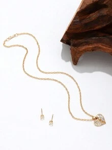 3入組復古極簡合金項鍊和耳環套裝,心形和心裂形鑲嵌水晶石,適用於工作和度假,是最好的友誼禮物 - 金黃色 - 查看 4