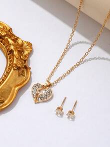 3入組復古極簡合金項鍊和耳環套裝,心形和心裂形鑲嵌水晶石,適用於工作和度假,是最好的友誼禮物 - 金黃色 - 查看 2