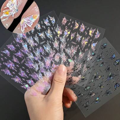 4 Butterfly Nail Art Stickers 3D Self-Adhesive 4 Colors Nail Decals Bling Foil  White Laser Colourful Butterfly Nail Art Supplies For Women And Girls Acrylic Nails DIY Design Decoration 4 Sheets