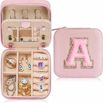 Travel Jewelry Storage Box With Mirror - Pink Personalized Travel Jewelry Box, Initial Travel Jewelry Box | Birthday Gift Jewelry Box For Women And Girls | Gift For Friends - Travel Essential Items(Jewelry  Not  Included)