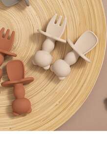 2 pcs Baby Training Fork Spoon Set Panda Bear Design  Infant Soft Silicone  Learning Tableware For Newborn Feeding Kids Accessories - Camel - View 6