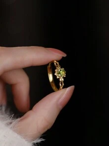 1入時尚奢華925純銀可調節橄欖綠立方氧化鋯開口戒指,適合女性日常佩戴 - 金黃色 - 查看 3